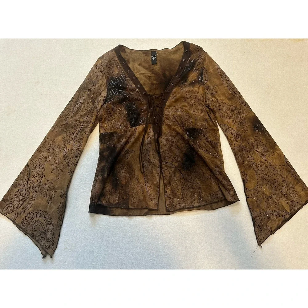 VTG Y2k Windsor Long Bell Sleeve Lace-up Top Angel Fairy Whimsy Goth sz.L V Neck - Picture 10 of 12